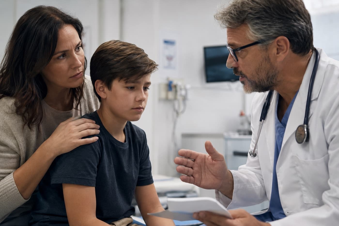 A mother and her son talking with a doctor in an exam room